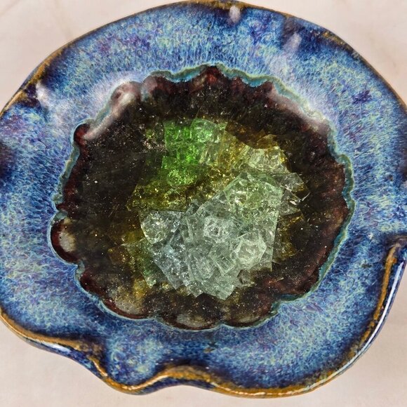 Vintage Small Studio Art Pottery Trinket Dish/Ashtray Blue Glaze Fused Glass - Picture 2 of 7